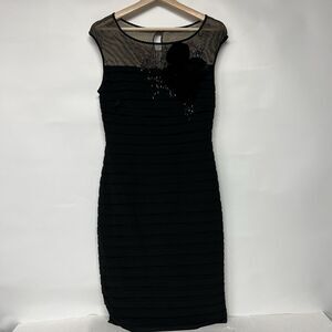 Adrianna Papell Mesh Beaded Cocktail Sheath Dress Shutter Pleat Black 6 Flower